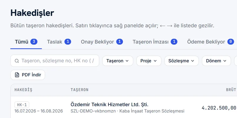 Hakediş ekranı